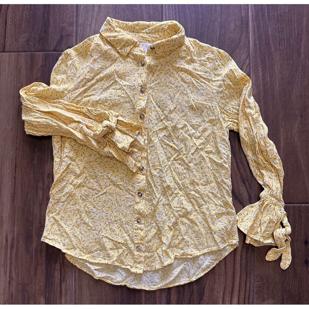 Maeve Anthropologie Yellow Floral Long Sleeve Button Down Shirt S-2 70s Inspired